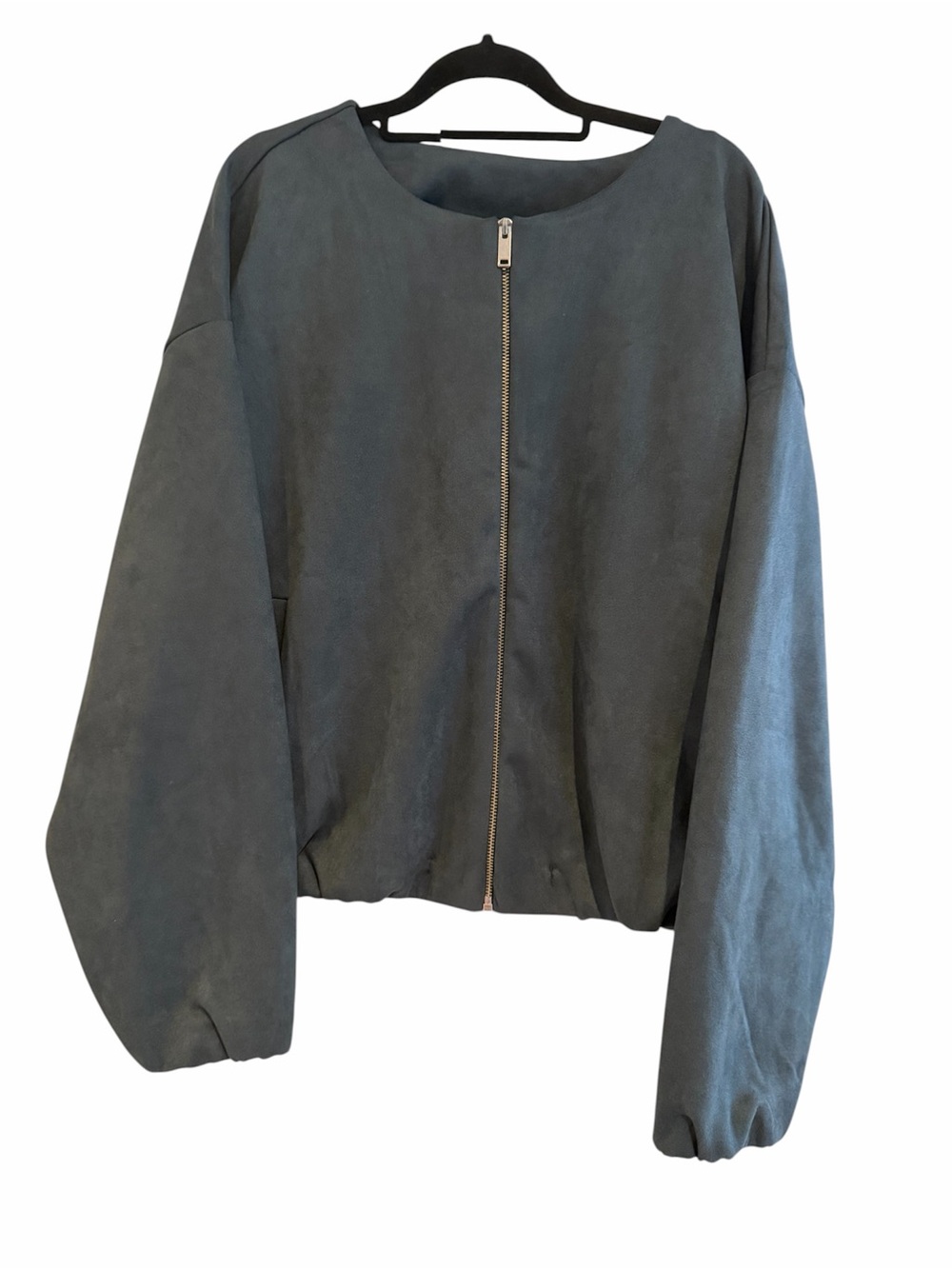 NWT H&M Suede Zip Dusty Blue Bomber Jacket w/ Silver Zipper